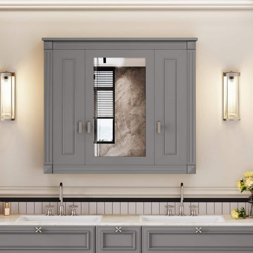 34 in. W x 29 in. H Rectangular Gray Surface Mount Medicine Cabinet with Mirror and 4 Shelves price history on PriceWatchPro