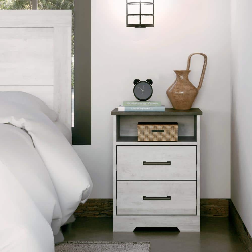 Washed White 2-Drawer Nightstand with Open Cubby and Gray Top
