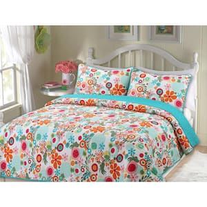 Rainbow Daisy Lizzie Floral Butterfly Bloom 3-Piece Cotton Queen Quilt Bedding Set