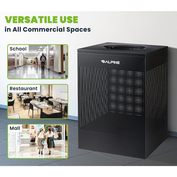 40 Gal. Black Perforated Steel Square Stainless Steel Commercial Trash Can with Open Top Lid