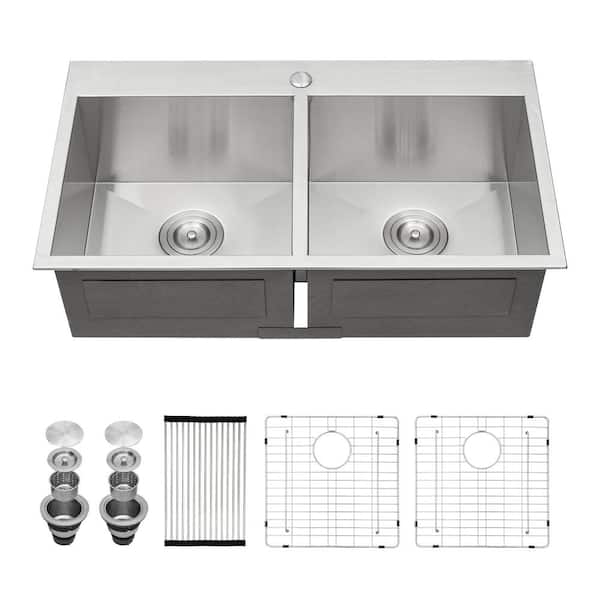 cadeninc 18 Gauge Stainless Steel 33 in. Double Bowl (50/50) Drop-In Kitchen Sink with Grid and Strainer