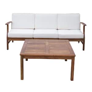 Perla Teak Brown 4-Piece Wood Outdoor Patio Conversation Seating Set with Cream Cushions