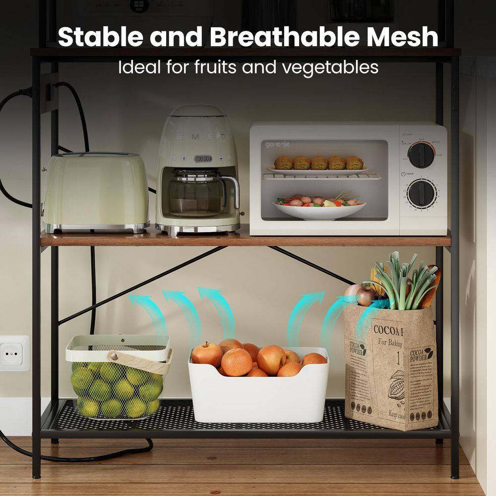 Shelving unit styled with kitchen items and produce.