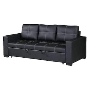 85 in. Square arm Faux Leather 3-Seater Convertible Straight Sofa with Storage in Black