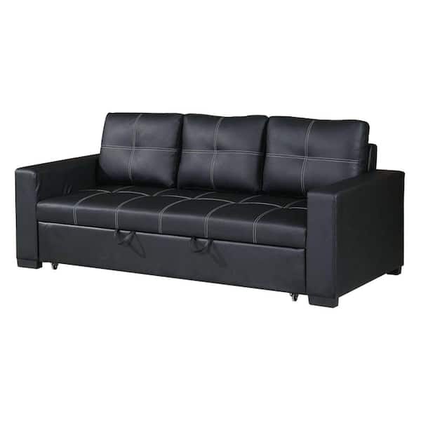 SIMPLE RELAX 85 in. Black Faux Leather 3-Seater Convertible Sofa with Storage