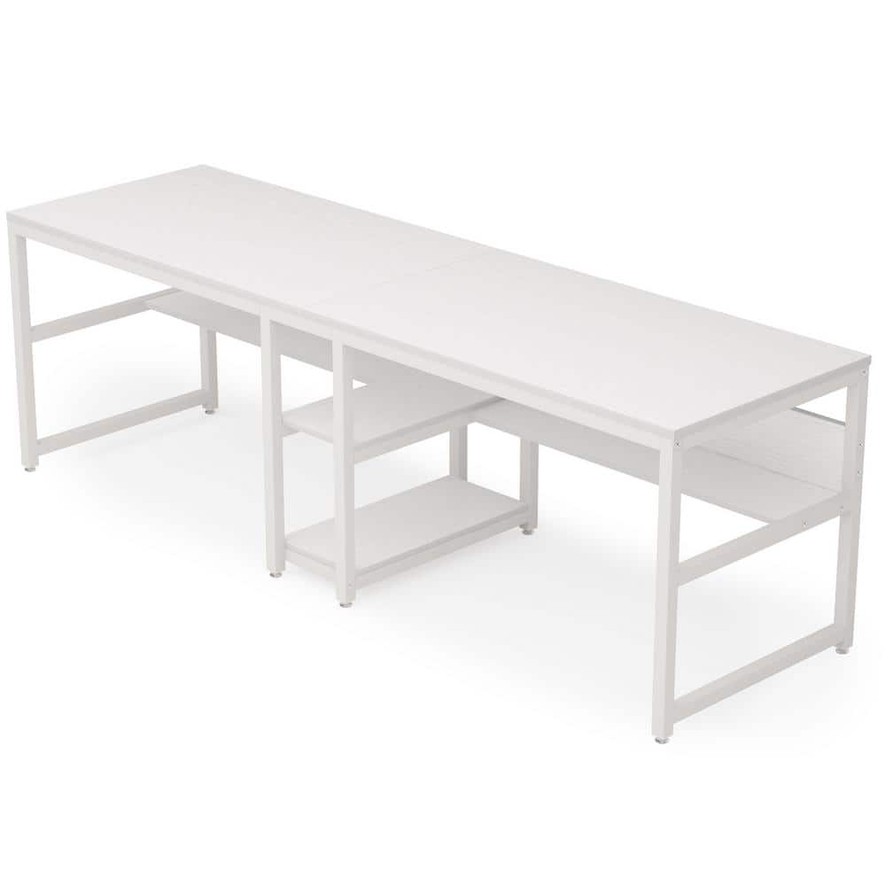 White Double Workstation Desk with Bookshelf and Storage Shelves
