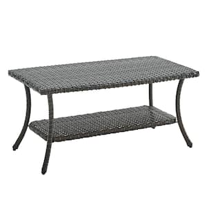 Gray Outdoor Wicker Patio Coffee Table with 2-Layer Storage Furniture Tables for Garden, Porch, Backyard