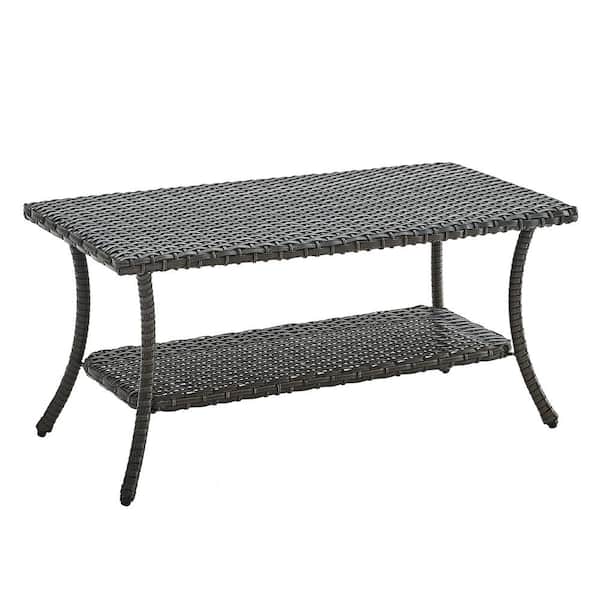 Pocassy Gray Outdoor Wicker Patio Coffee Table with 2-Layer Storage Furniture Tables for Garden, Porch, Backyard