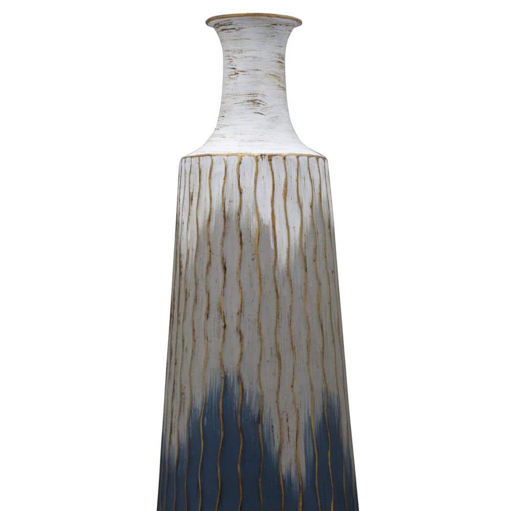 Tall Blue and Gray Textured Metal Cylinder Vases, Set of 2