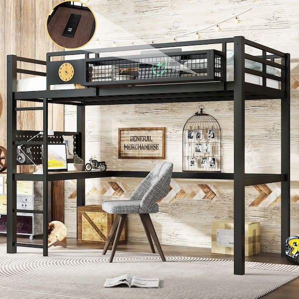 Black Twin XL Wood/Metal Loft Bed with Desk, Clock
