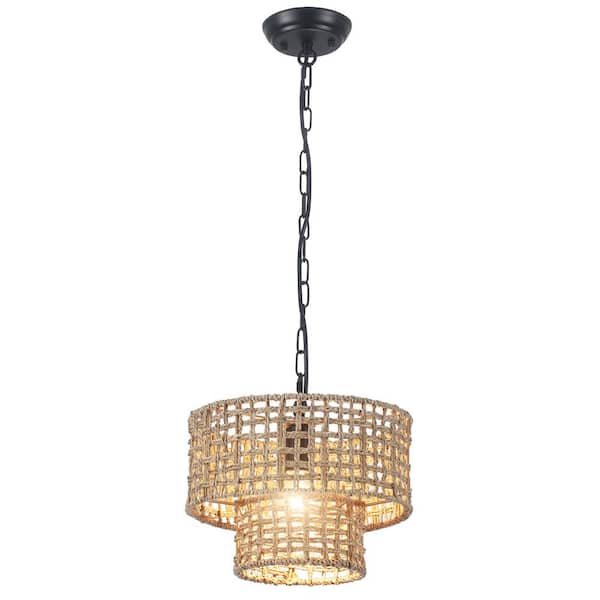 Farmhouse Black 1-Light 2-Tier Woven Rattan Chandelier Boho Modern Hanging Pendant Light Fixture