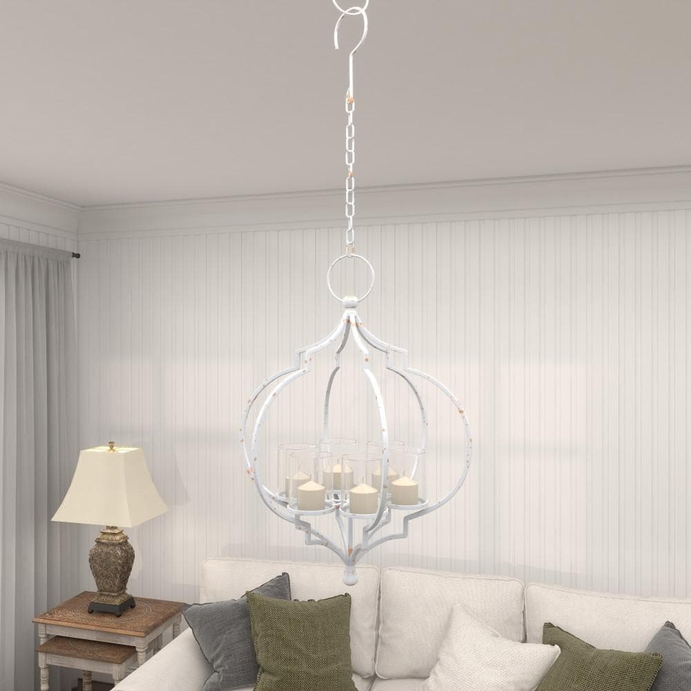 Elegant Farmhouse 17" White Metal Hanging Candle Lantern