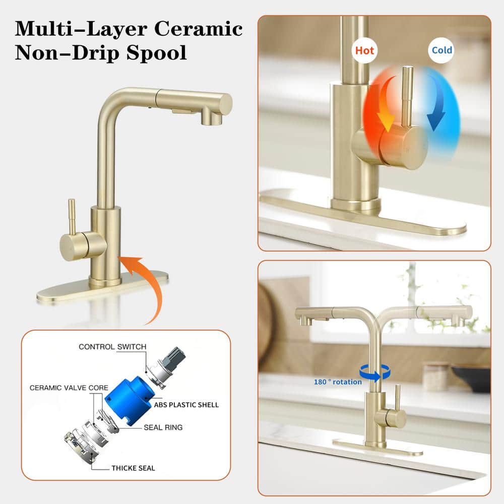Brushed Gold Stainless Steel Pull-Out Kitchen Faucet