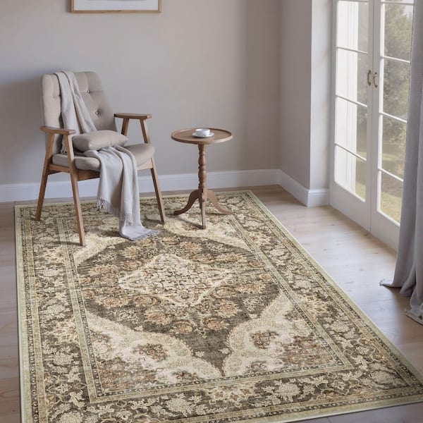 Misael Brown 5 ft. x 7 ft. Vintage Washable Medallion Distressed Area Rug
