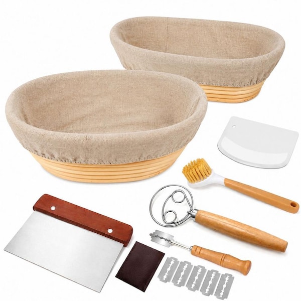 Natural Rattan Sourdough Proofing Basket Set with 9 in. Round and 10 in. Oval Baskets, 9-Piece Bread Baking Kit