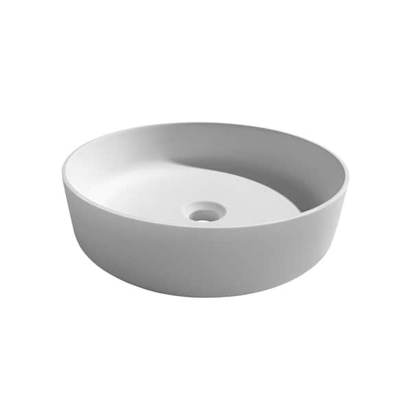 MEDUNJESS White Stone Solid Surface Round Bathroom Vessel Sink with Drainer