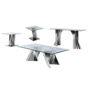 Ozuna 55 in. Tempered Clear Glass Stainless Steel, Rectangle Coffee Table of 4 Pieces.