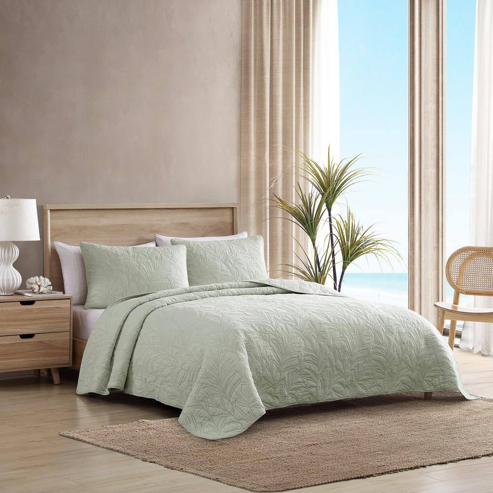 Sage Green Cotton Twin Quilt Set with Floral Stitch