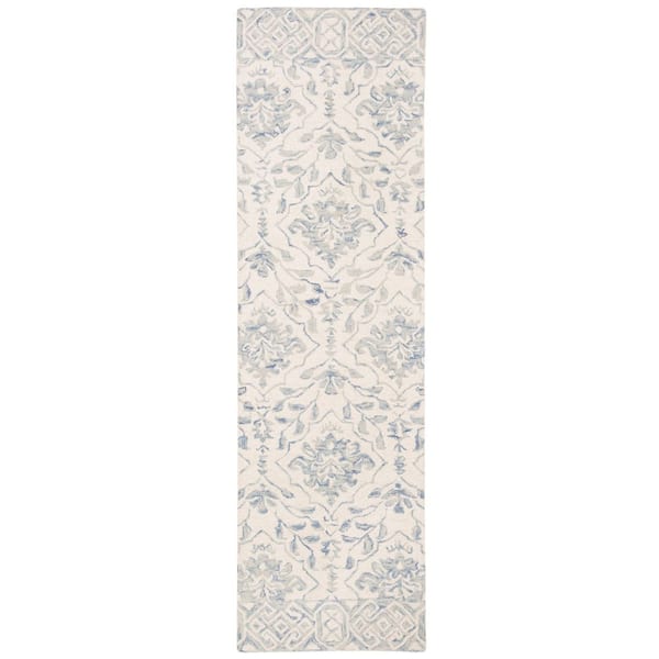 Dip Dye Light Blue/Ivory 2 ft. x 22 ft. Border Floral Medallion Runner Rug