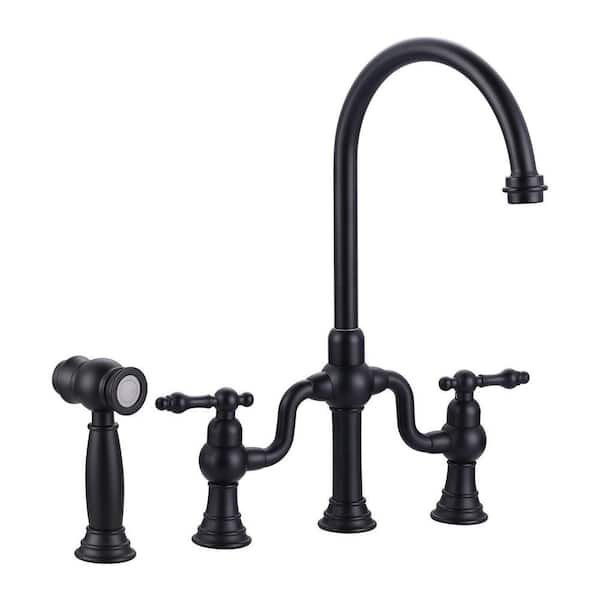 Double-Handle High-Arc Deck Mounted Bridge Kitchen Faucet in Black