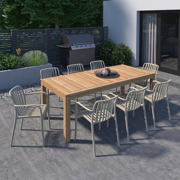 Georgette 9-Piece Solid Teak Wood 100% FSC Rectangular Patio Dining Set Sand