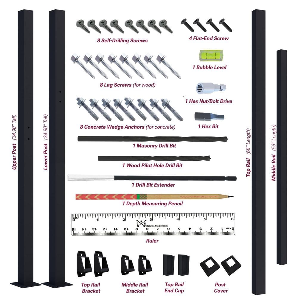 Black Wrought Iron 4-5 Step Outdoor Stair Handrail Kit