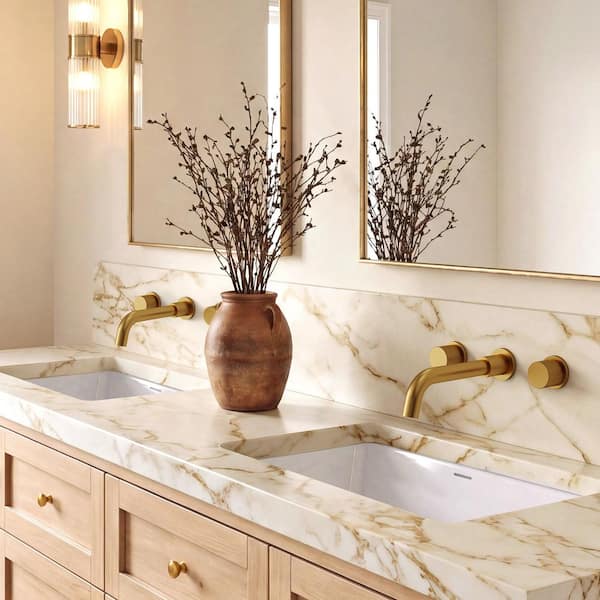 8 in. Spout Reach 2-Handle 1.2 GPM at 60 PSI Wall Mounted Bathroom Faucet Pop-Up Drain Included in Brushed Gold