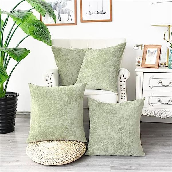 Sage Outdoor Throw Pillow Pack of 4 Cozy Covers Cases for Couch Sofa Home Decoration Solid Dyed Soft Chenille, Green