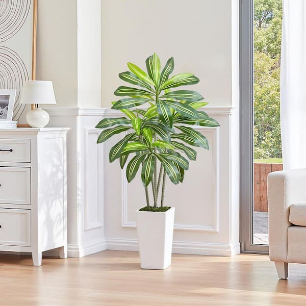 VEVOR 5 ft Artificial Dracaena Tree With White Tall Planter Faux Silk Palm Plant For Indoor Outdoor Home Office Decor