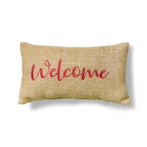 Embroidered Welcome Natural Woven Outdoor Lumbar Pillow (1-Pack)