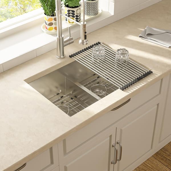 50/50 Double Bowl 28 in. Low Divide Undermount Kitchen Sink 16-Gauge Stainless Steel with Accessories
