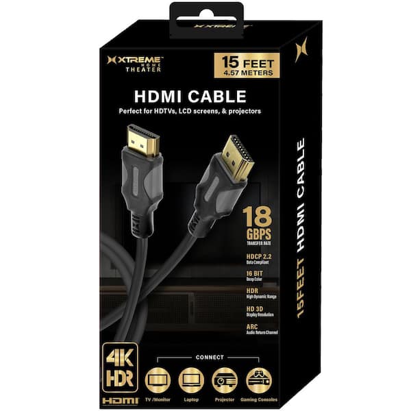 Home Theater 15 ft. 18Gbps, 4K HDR, HDMI 2.2, ARC, 16-Bit Deep Color HDMI Cable Wire - Black