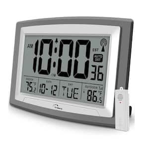 12.5 in. Grey Digital Thermoplastic Atomic Clock with Indoor Temperature and Humidity Self-Setting Battery Operated