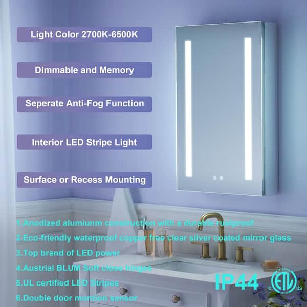 20 in. W x 30 in. H Rectangular Aluminum Medicine Cabinet with Mirror Lights, Anti-Fog,Left Soft Close Door,BLUM Hinge