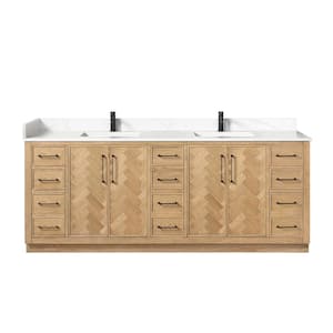 Jakarta 84 in. W. x 22 in. D x 33.9 in. H Double Bath Vanity in Oak Weathering Light Brown Silk White Quartz Stone Top