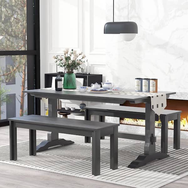 Nestfair Retro 3-Piece Gray Dining Set with MDF Top and 2 Wooden Benches