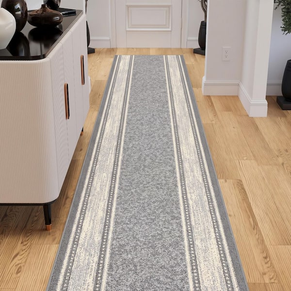 Indoor 2 ft. 7 in. x 5 ft. Light Gray Non-Slip Hallway Runner Rugs for High Traffic, Bordered Design