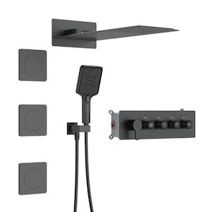 23 in. 3-Jet Shower System and Wall Mount Dual Shower Heads with Handheld in Matte Black