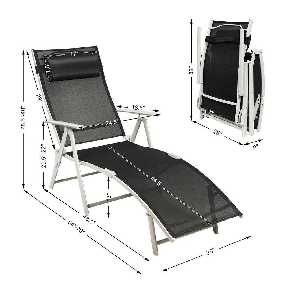 Measurement diagram of the black metal folding outdoor chaise lounge chair.