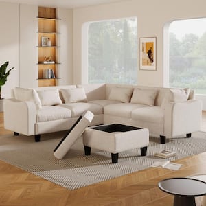 87 in. Rolled Arm 6 Seat L-Shape Linen Fabric Sectional Sofa in Beige with Storage Ottoman, 6 Pillows