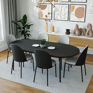 Tule 7 Piece Dining Set in Steel with 6 Velvet Seat Dining Chairs and 71 in. Oval Dining Table, Black/Platinum Blue