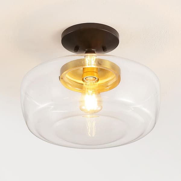 JONATHAN Y Marfa 14 in. Oil Rubbed Bronze/Brass Gold Glass/Iron Farmhouse Modern LED Flush Mount
