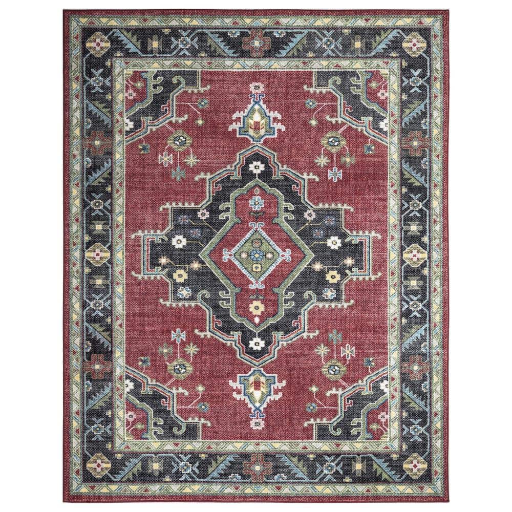 Heriz Medallion Red and Black Synthetic 5' x 7' Area Rug