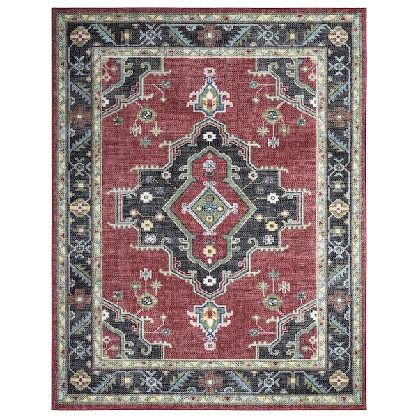 Eden Collection Heriz Medallion Red 8 ft. x 10 ft. Machine Washable Traditional Indoor Area Rug