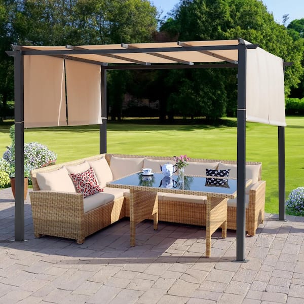 10 ft. x 10 ft. Steel Patio Pergola with Beige Shade Canopy
