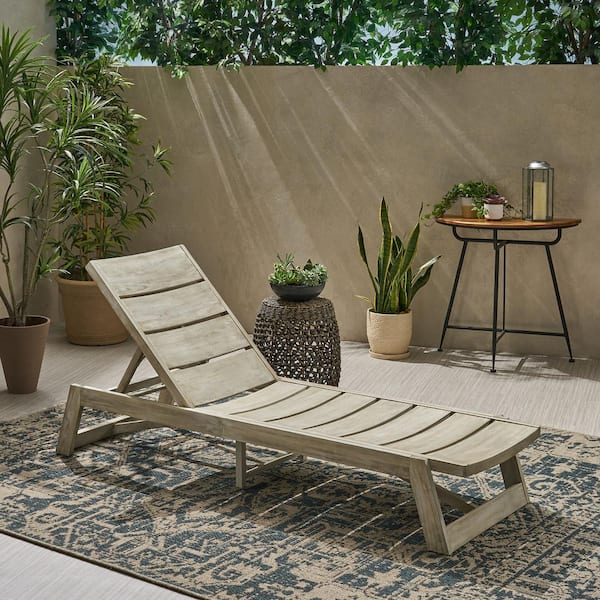 Noble House Maki Light Grey 1-Piece Wood Outdoor Chaise Lounge