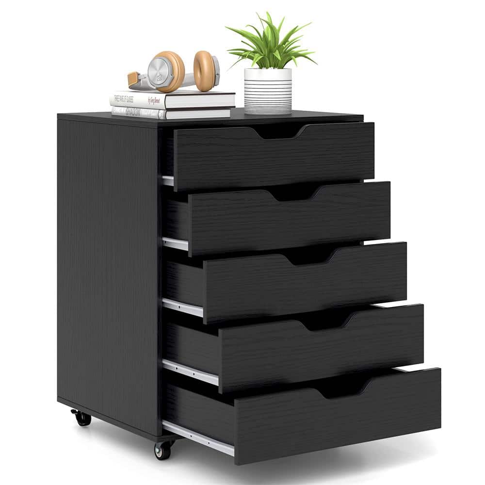 Black MDF 5-Drawer Mobile Storage Cabinet with Wheels