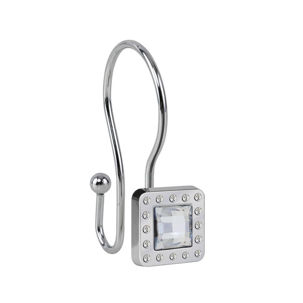 Chrome Double Shower Curtain Hooks with Crystal Design, Set of 12
