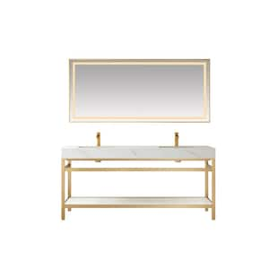 Funes 72 in. W x 22 in. D x 34 in. H Double Sink Bath Vanity in Brushed Gold with White Natural Stone Top and Mirror