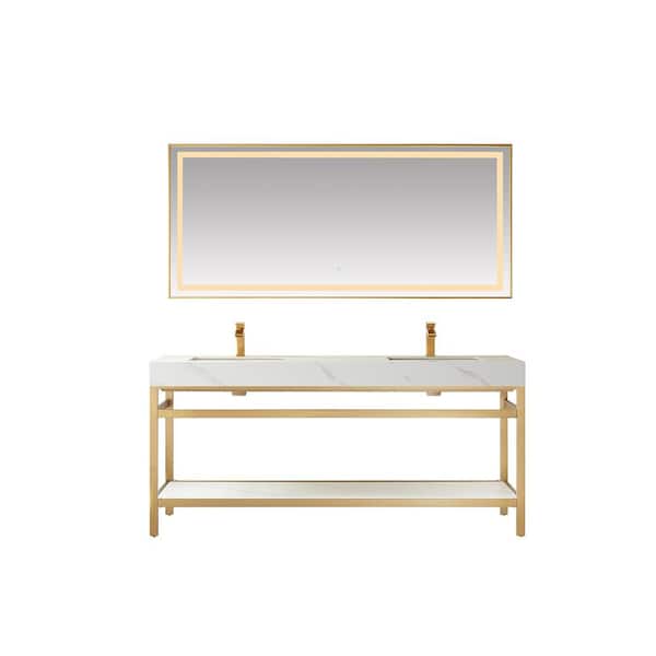 ROSWELL Funes 72 in. W x 22 in. D x 34 in. H Double Sink Bath Vanity in Brushed Gold with White Natural Stone Top and Mirror